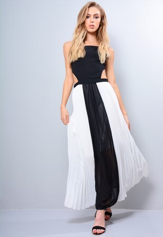 PLEATED BACKLESS MAXI DRESS IN BLACK AND WHITE HALLOWEEN