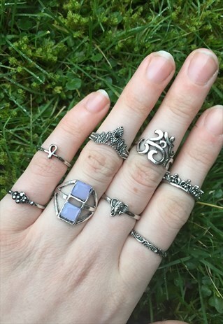 WOMENS BOHO AZTEC OM SYMBOL GEM SILVER COLOUR SET OF RINGS