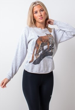 Vintage Cougar Cat Graphic Sweatshirt in Grey Small