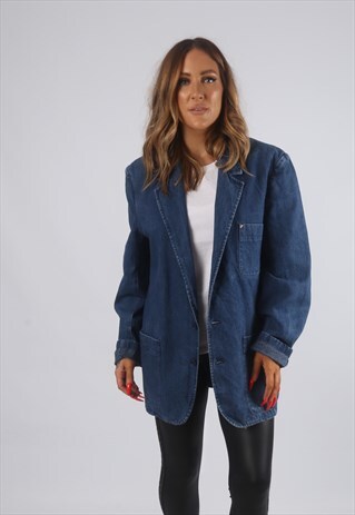 VINTAGE DENIM BLAZER JACKET OVERSIZED LONGLINE UK 16 (G82C)