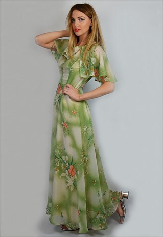VINTAGE 70S FLORAL CAPE SLEEVE GREEN BALL PROM MAXI DRESS