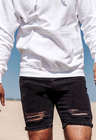 ESSENTIAL CUSTOM RIP SLIM SKINNY DENIM JEAN SHORTS - BLACK