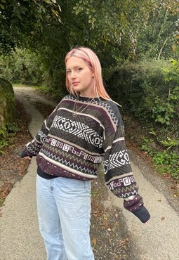 Vintage 80s Chunky Knitted Abstract Patterned Jumper