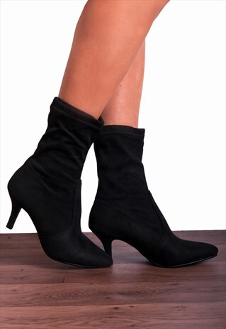 BLACK SOCK STRETCH KITTEN HEEL ANKLE BOOTS