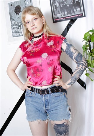 90S VINTAG Y2K GRUNGE ORIENTAL CHINESE SATIN PINK FLORAL TOP
