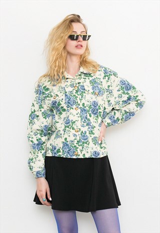 CREAM WHITE FLORAL BLUE GREEN FLOWERS WOMEN'S DENIM JACKET