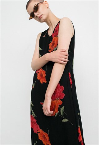 VINTAGE BLACK RED FLORAL MAXI SUMMER SLEEVELESS DRESS