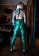 GREEN METALLIC HIGH WAIST RUCHED STRETCH TROUSERS
