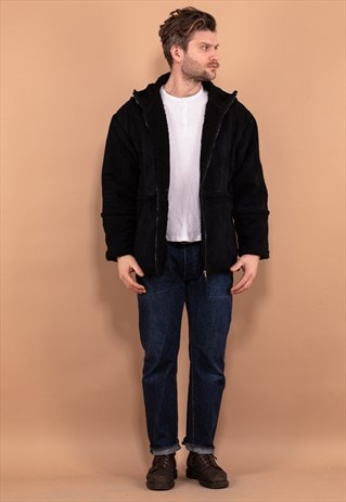 VINTAGE 90'S MEN SHERPA BOMBER JACKET IN BLACK