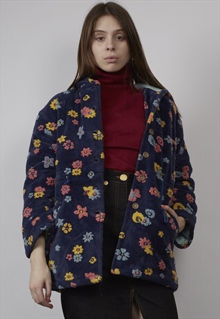 VINTAGE 80'S BENETTON HOODED FLORAL TEDDY FAUX FUR COAT