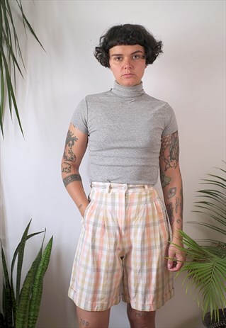 PLAID PINK AND GREY BERMUDAS SHORTS HIGH WAISTED