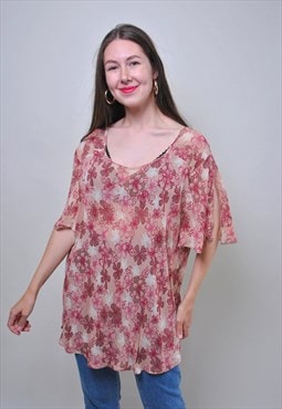 Vintage 90s flower blouse, floral baggy blouse pink summer 