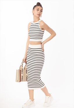 Stripe print sleeveless top and midi skirt co-ords suits in 