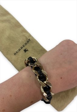 Burberry bracelet leather strap cuff gold tone metal chain