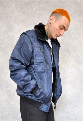 ROYAL BLUE PILOT BOMBER JACKET WITH FAUX FUR COLLAR