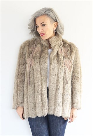VINTAGE 1970S GREY FAUX FUR FRINGE AND GOLD DETAIL COAT