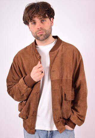 MENS VINTAGE SUEDE BOMBER JACKET LARGE BROWN 90S