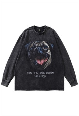 Pug print t-shirt vintage wash long tee retro happy dog top