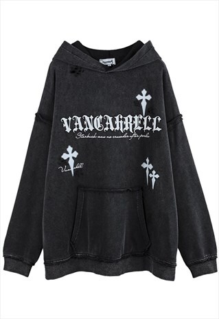 BLACK WASHED DISTRESSED GRAPHIC OVERSIZED HOODIES
