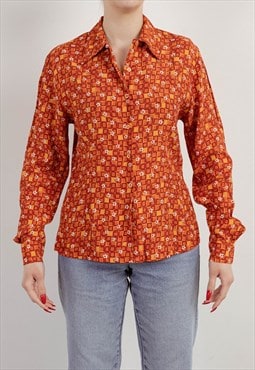 Vintage 70s Boho Orange Geometric Floral Long Sleeve Shirt 