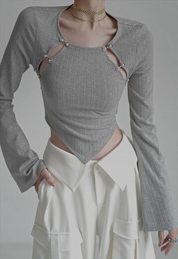 Pearl-buckle Accent Bell-sleeve Asymmetric Top in Grey