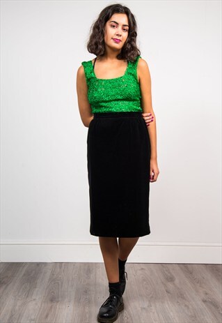 VINTAGE 90'S BLACK VELVET MIDI PENCIL SKIRT