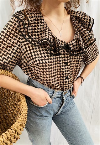 VINTAGE 70S LUXE MUSLIN DOGTOOTH CHECK DRAPED BLOUSE TOP