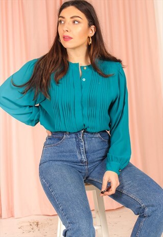 VINTAGE 80S BLOUSE IN GREEN PLEAT FRONT