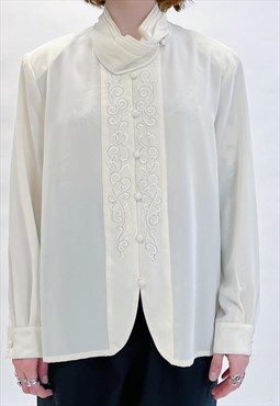 80s Vintage Cream Embroidered Pattern Blouse