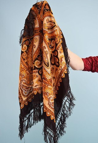 VINTAGE 70'S RETRO BOHO PAISLEY PATTERN FRINGED SCARF SHAWL
