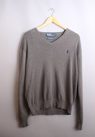 MENS VINTAGE RALPH V NECK GREY JUMPER