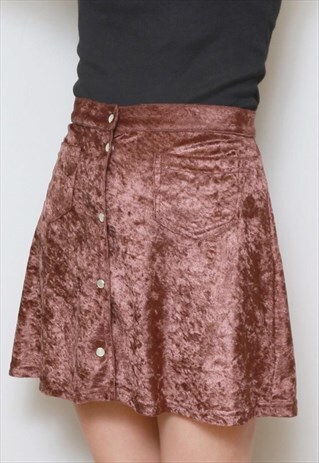 VINTAGE 1980'S BROWN VELVET BUTTON FRONT MINI SKIRT