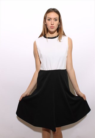 VINTAGE 1960'S 60'S BLACK & WHITE MOD DRESS TWO TONE L-XL
