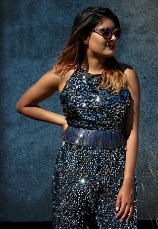BLACK SEQUIN HALTER TOP
