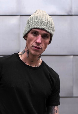 RIBBED FISHERMAN TRAWLER BEANIE HAT - BEIGE BROWN