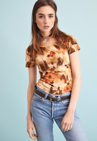 90'S RETRO FLORAL PRINT KITSCH TEEN TRIMMED LYCRA TOP