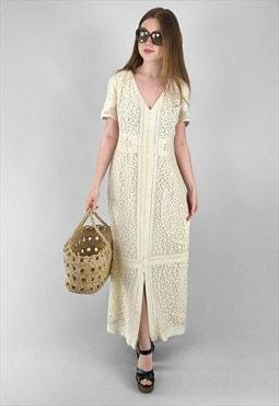 70's Vintage Cream Cotton Lace Short Sleeve Midi Dress