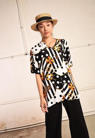 90'S RETRO ABSTRACT STRIPED & DOTTED PARIS CHIC BLOUSE TOP