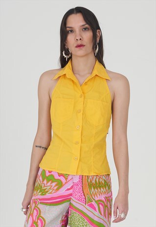 VINTAGE YELLOW MOSCHINO 90'S HALTERNECK POINTED COLLAR TOP