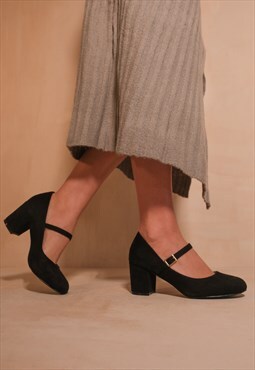 Araceli block heel mary jane pumps in black suede