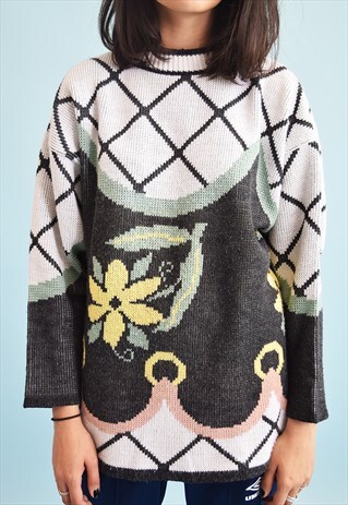 80'S RETRO ABSTRACT PATTERN KNIT JUMPER