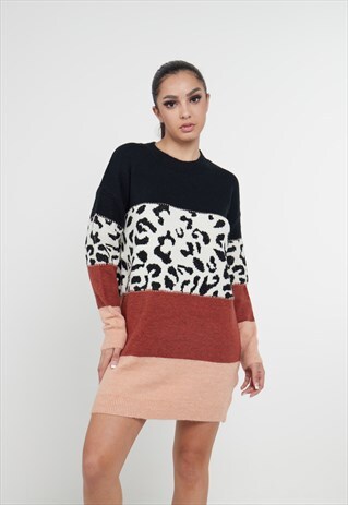 Leopard Colour Block Sweater Dress
