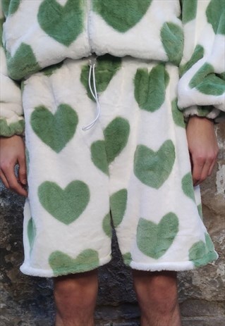 HEART FLEECE SHORTS HANDMADE LOVE PRINT CARGO OVERALLS GREEN