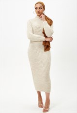 Beige Long Sleeve Maxi Knitted Dress 