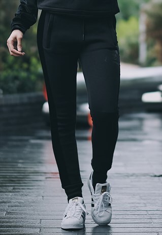SAPPHIRE BLACK VELOUR STRIPE FITTED JOGGER TROUSERS