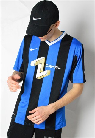 BLUE BLACK STRIPED NIKE V-NECK SPORTS JERSEY T-SHIRT