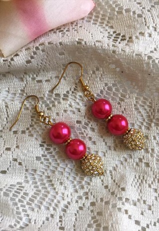 DOLLY MAFIA SWAROVSKI CRYSTAL PINK GOLD PEARL DROP EARRINGS