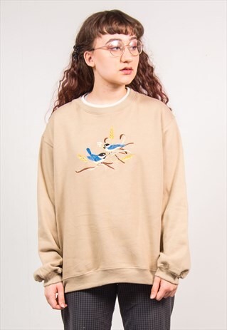 VINTAGE 90'S BIRD EMBROIDERED CUTE OVERSIZED SWEATSHIRT