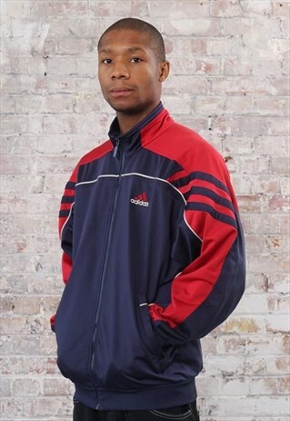 VINTAGE ADIDAS LOGO 3 STRIPE TRACK JACKET NAVY BLUE RED