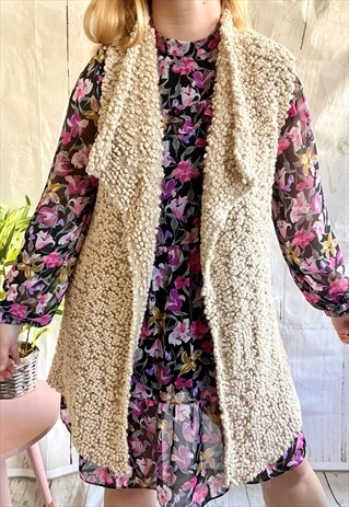 VINTAGE CREAM BOHO BOBBLY LONG GILET 90'S WAISTCOAT